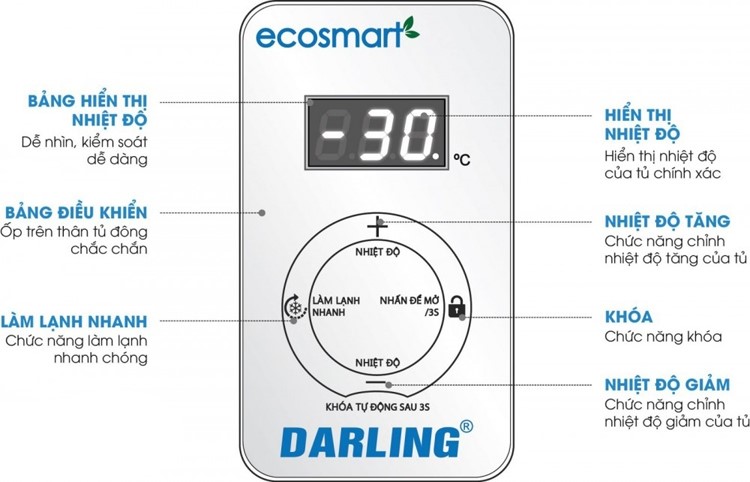 bảng điều khiển Tủ đông 2 chế độ Darling Inverter 370 lít DMF-3699 WS-2